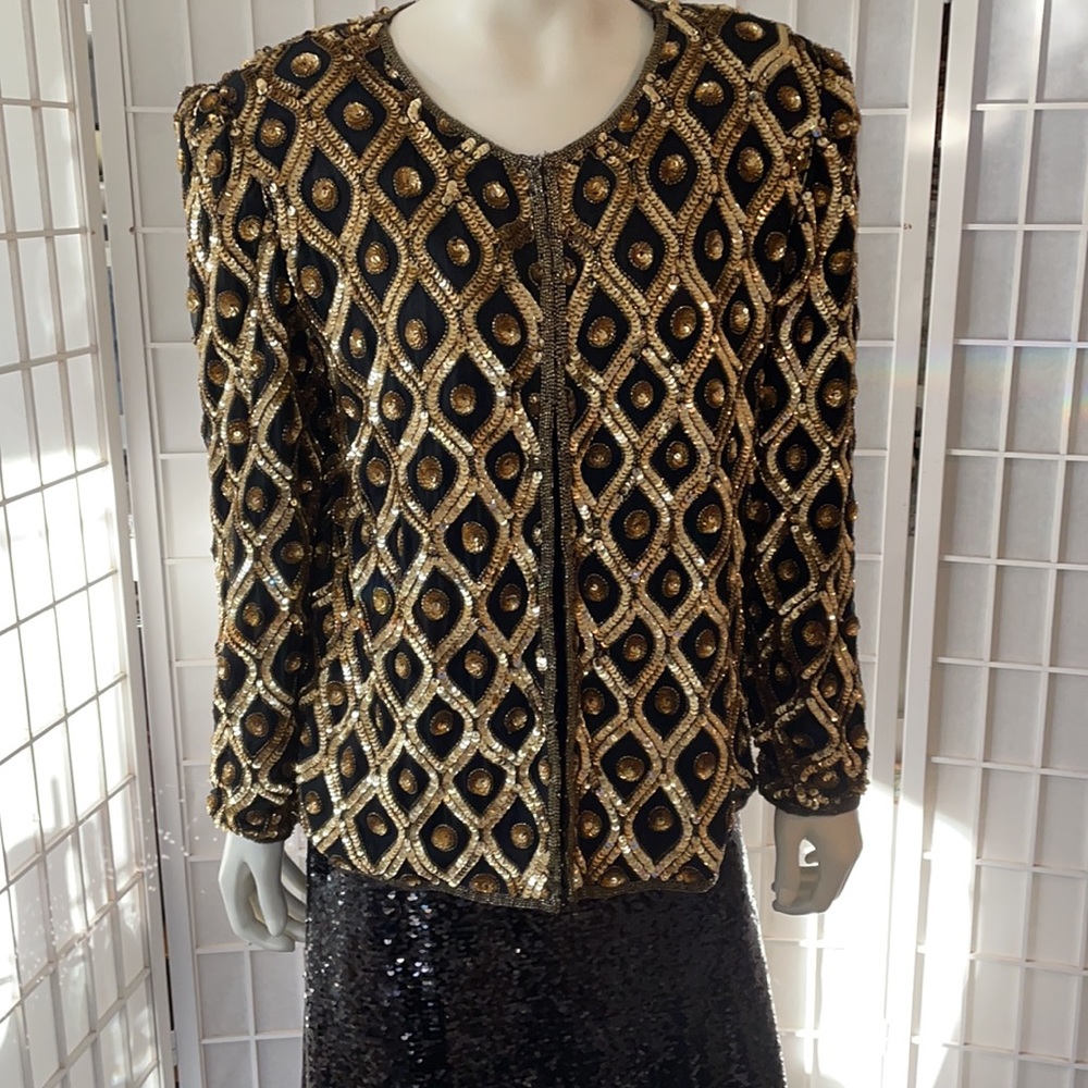 Sparkle in Vintage Black w/Gold Sequins Silk Jacket Sz L - Picture 4 of 7